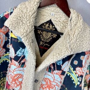 Johnny Was Biya Multicolor Floral Patchwork Jacket with Cream Shearling Lining
